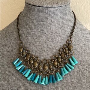 Vintage 90s PLUNDER Elegant Turquoise Glass Beads and Bronze Tone BIB Necklace